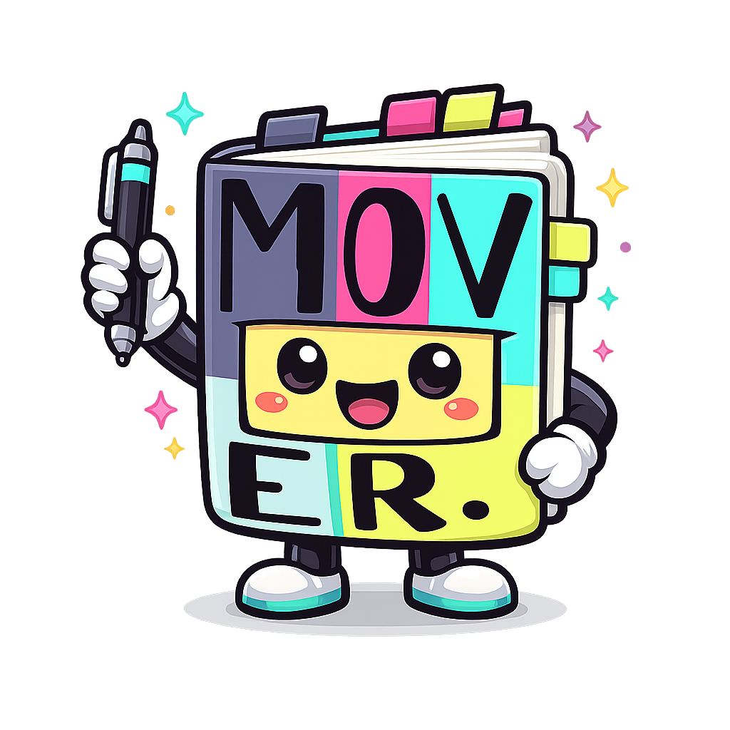 Mascote MOVER segurando uma caneta